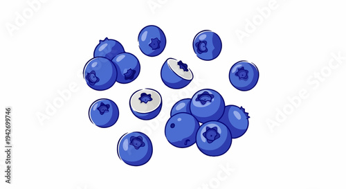 A pile of fresh, ripe, blue, and juicy blueberries, some whole and some sliced