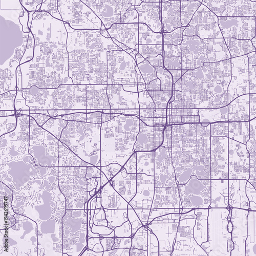 Orlando City Map Sophisticated Geometric Urban Topography Featuring Meticulous Linework and Balanced Composition in a Timeless Minimalist Soft Lavender Blueprint Aesthetic for Modern Living.