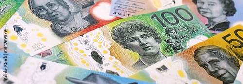 Wallpaper Mural Australian dollar money bills pile on table. Australia banknotes of AUD currency close up. Torontodigital.ca