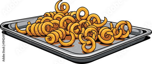 A pile of golden curly fries arranged on a grey baking sheet