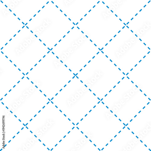 Blue diagonal dashed checkered seamless vector pattern. Simple cute geometric background with slanted dashed grid. Minimal decorative print for fabric and wallpaper