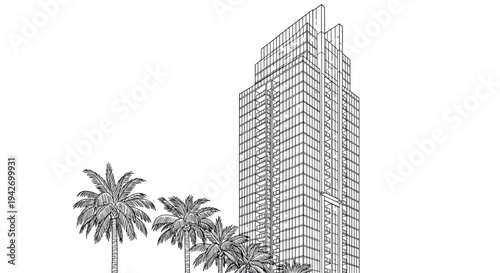Modern skyscraper with palm trees in linear architectural design