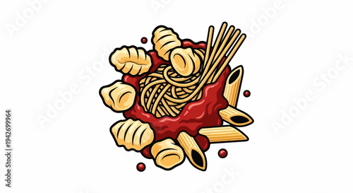 A pile of pasta with sauce, featuring various noodle shapes and gnocchi