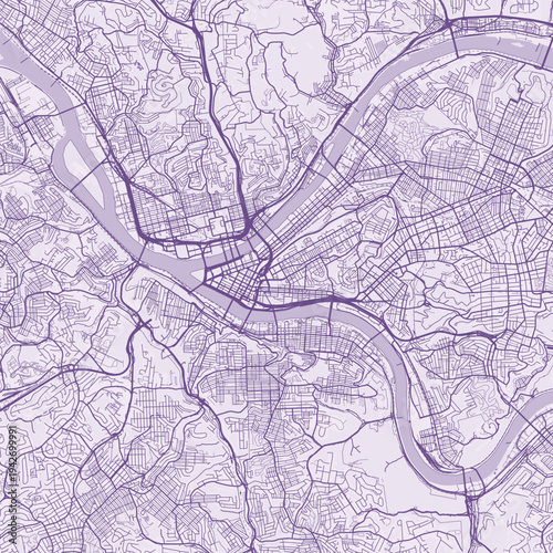 Pittsburgh City Map Sophisticated Geometric Urban Topography Featuring Meticulous Linework and Balanced Composition in a Timeless Minimalist Soft Lavender Blueprint Aesthetic for Industrial Home.