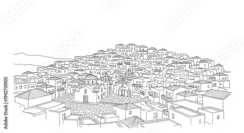 Hand drawn greek village architecture with traditional white houses and church