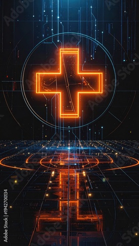 Glowing medical symbol in a digital network, futuristic data design