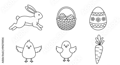 Black outline vector graphic illustration set featuring charming Easter bunny chicks egg basket and carrot
