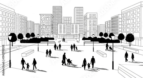 Urban Scene with People Walking and Buildings in the Background.