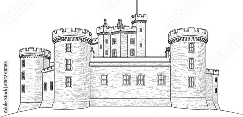 A black and white outline illustration of a grand stone castle with multiple towers and ramparts