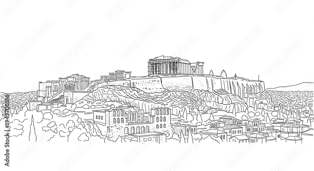 Obraz premium Acropolis of athens in linear art: classic greek landmark in black and white