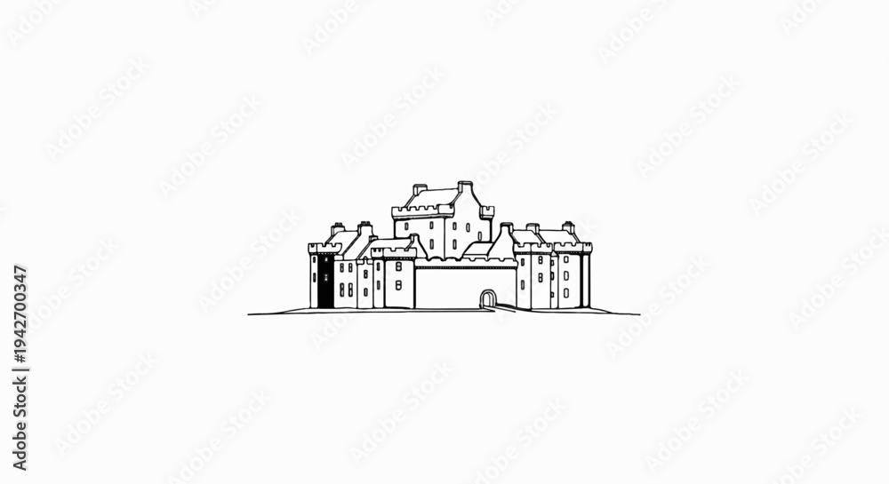 Naklejka premium A black and white sketch of a large, ornate castle with multiple towers