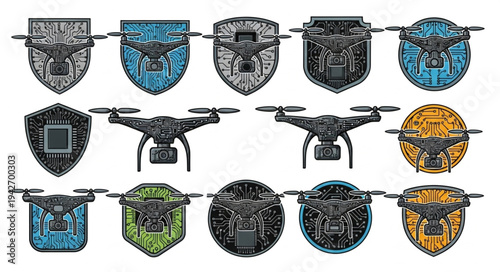 Collection of Drone Designs with Intricate Circuit Board Patterns.