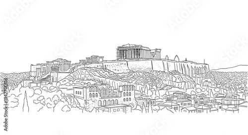 Acropolis of athens in linear art: classic greek landmark in black and white