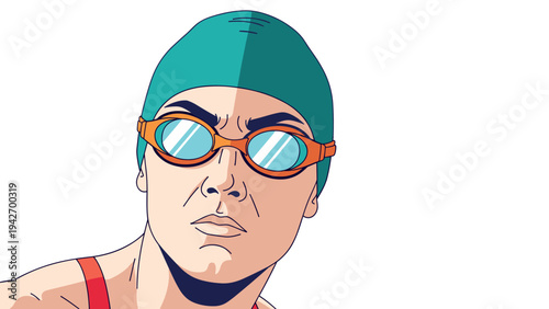 Focused swimmer in swim cap and goggles preparing for competition in pop art style