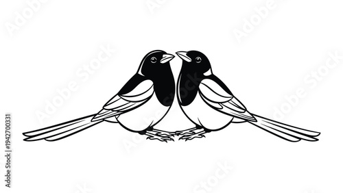 Magpie Symmetry: Twin magpies mirrored in monochrome, creating a symmetrical balance between wildlife and design, evoking nature's inherent beauty.
