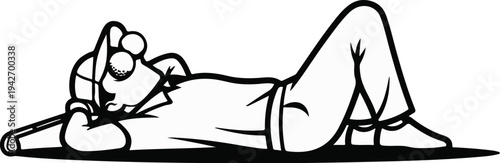 A cartoon character reclines, resting their head on crossed arms, eyes closed