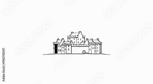 A black and white sketch of a large, ornate castle with multiple towers