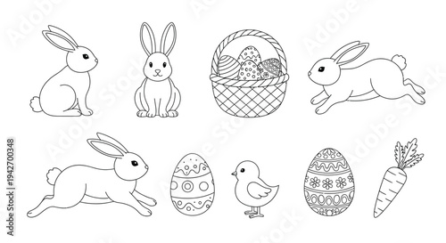 A delightful collection of outlined Easter vector graphic illustrations featuring bunnies, eggs, and a chick.