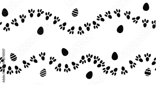 Seamless vector graphic illustration design featuring bunny footprints and scattered Easter eggs