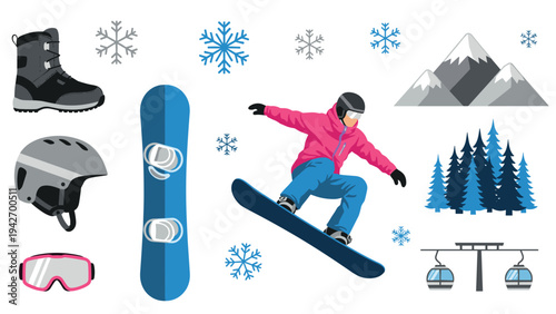 Winter sports adventure: snowboarding gear and icons for an alpine experience