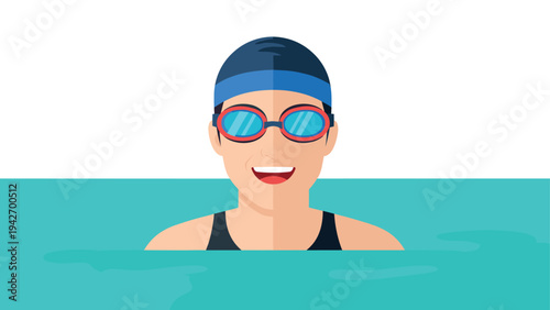 Flat style happy swimmer in pool with cap and goggles