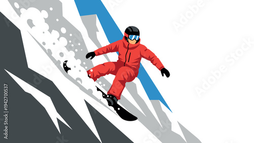 Snowboarder descending mountain slope in dynamic minimalist style design