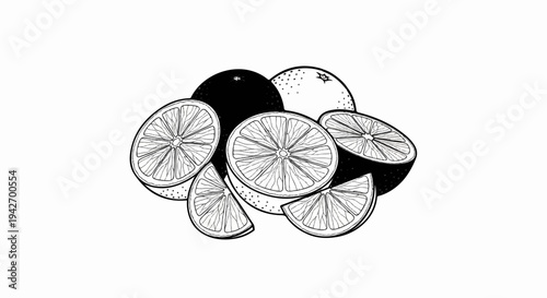 A black and white sketch of several citrus fruits, some whole and some sliced