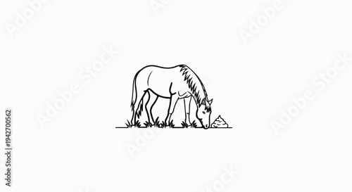 A simple line drawing of a horse grazing beside droppings on grass