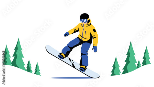 Snowboarder performing jump in winter forest scene with evergreen trees
