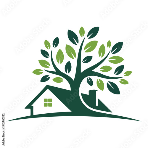 A stylized illustration of a tree protecting a small house with green leaves and brown trunk
