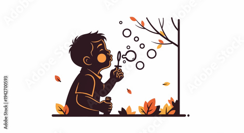 A cartoon child blowing bubbles in an autumn setting