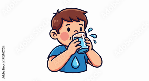 A cartoon child sips water from a glass, with droplets splashing