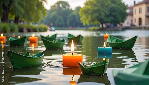 Colorful candles in origami boats float on water near a park