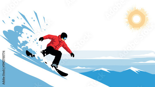 Snowboarder in motion on sunny mountain slope with splashing snow