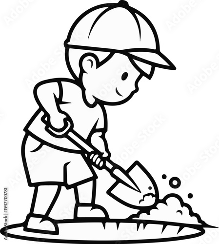 A cartoon child wearing a cap digs a hole with a shovel