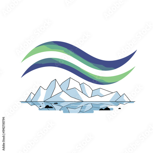 Abstract Aurora Borealis Over Iceberg Illustration.
