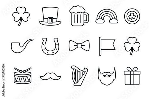 St. patrick's day outline icons: clover, hat, beer, rainbow, and more