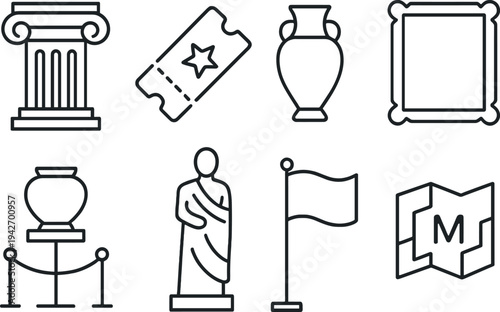 Linear museum icons: artifacts, tickets, sculpture, and maps in bold outline design