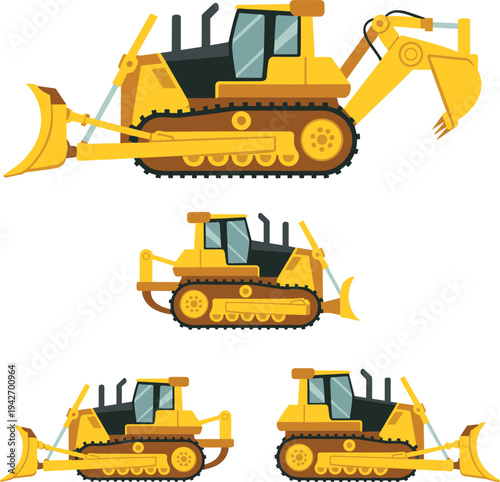 Set of yellow bulldozer and excavator construction machines, heavy equipment vehicles for earthmoving, mining and building industry, flat vector illustration isolated on light background
