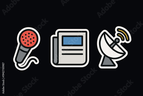 Media and communication icons: microphone, newspaper, satellite dish in modern flat style