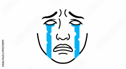 A cartoon face is crying, with large blue tears streaming down its cheeks