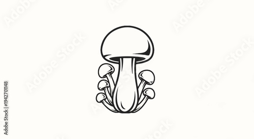 A simple line drawing of a large mushroom surrounded by smaller ones