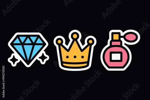 Colorful icon set featuring diamond, crown, and perfume on dark background