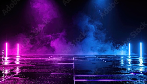 Cyberpunk scene with neon lights, smoke, and reflective floor