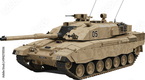"Detailed illustration of modern battle tank in desert camouflage with heavy armor, advanced weapon systems, military defense technology, and educational armored warfare design resources"