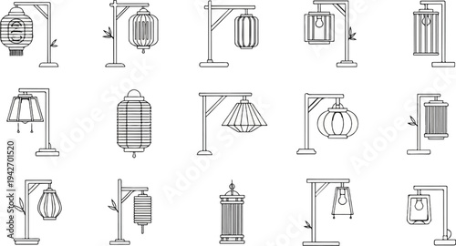 A collection of black and white line drawings of various hanging and standing lanterns