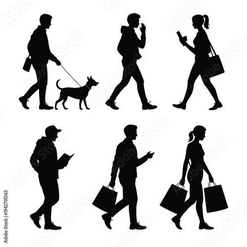 People silhouettes walking with dog shopping bags and reading on transparent background set vector