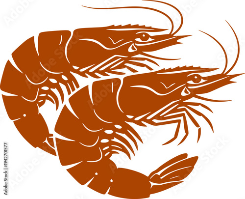 Two stylized shrimp or prawns in a brown vector illustration. Seafood concept for restaurant menus, fish markets, and Mediterranean cuisine icons. Isolated on white background.