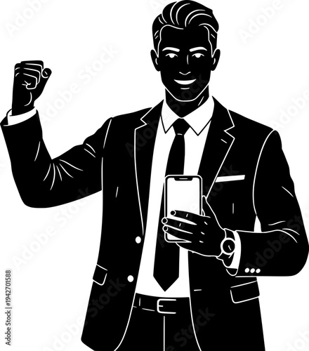 Successful businessman holding a smartphone and celebrating with a raised fist. Black and white vector illustration of winning, financial success, professional achievement and good news.