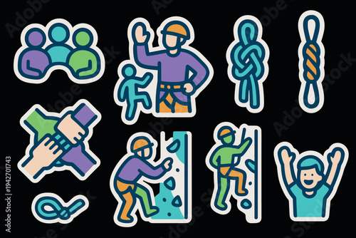 Colorful hiking and climbing sticker set featuring climbers and knots